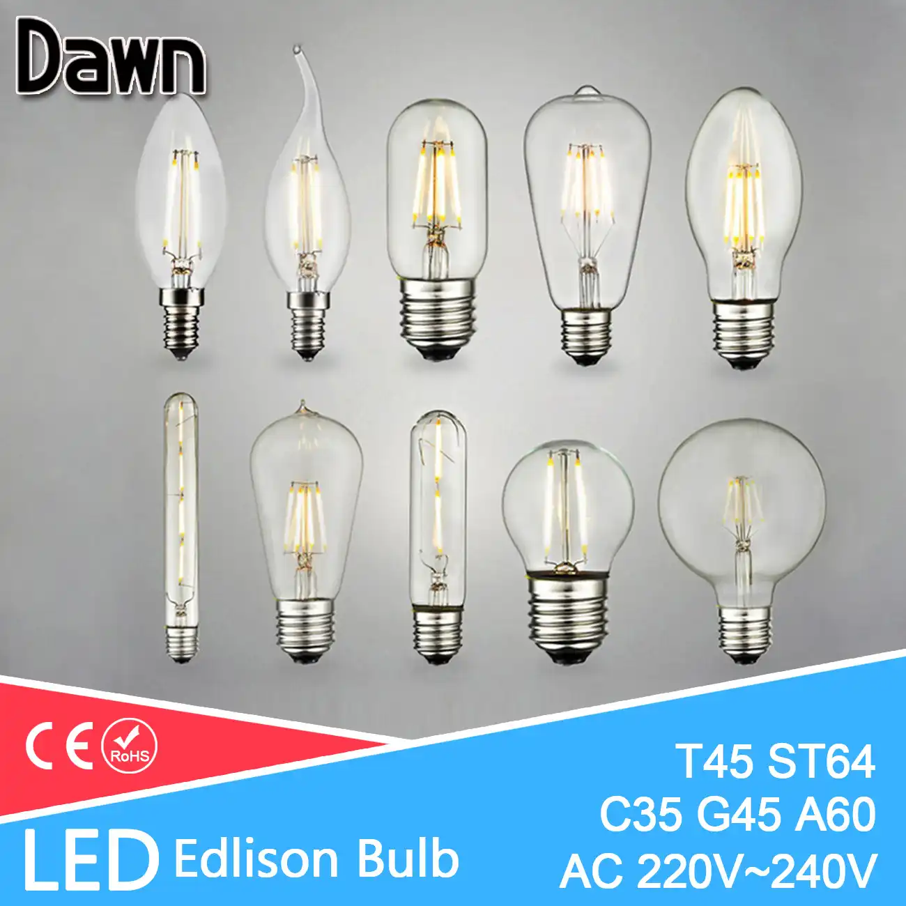 LED Edison Bulb E27 E14 ST64 A60 G45 2W 4W 6W 8W Incandescent Filament Lamps