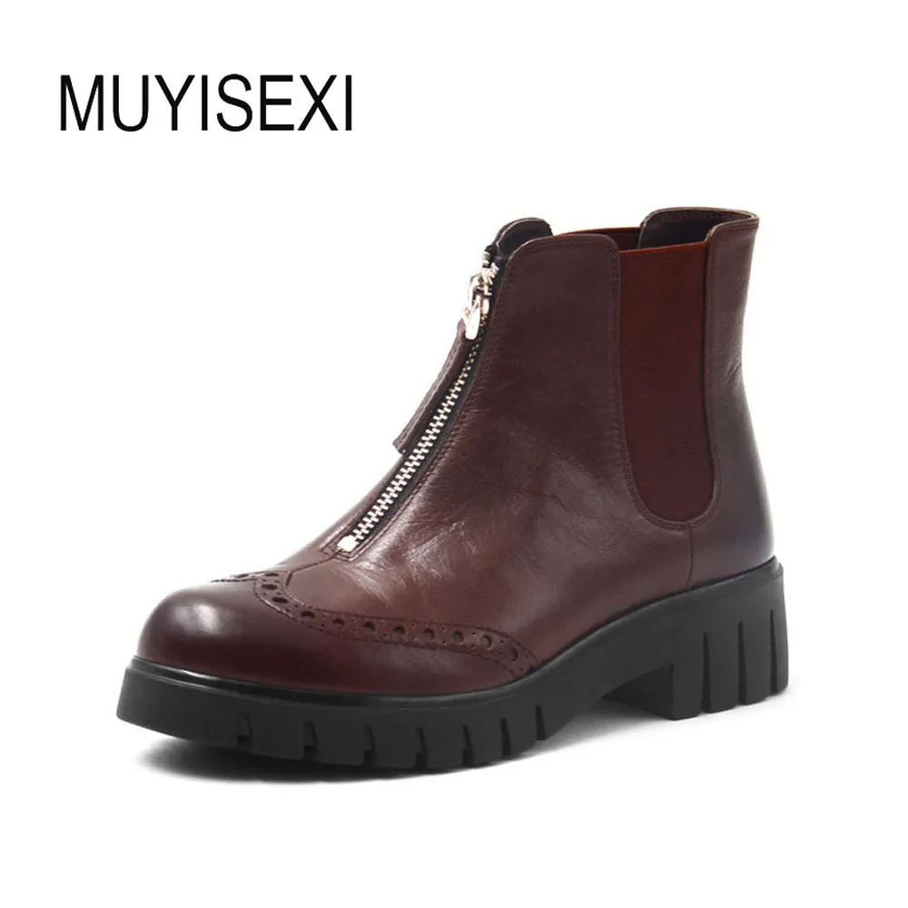 

Ankle Boots Zipper Flat Platform Genuine Leather Round Toe Women Winter Shoes Female Wool Fur Boots Russia size LID017 MUYISEXI