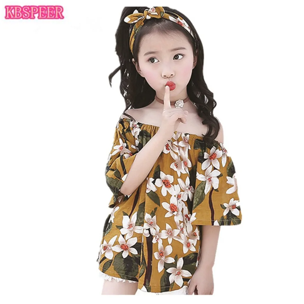 Summer Cotton Blouses Girls Shirts Off Shoulder flower Shirts Kids Top