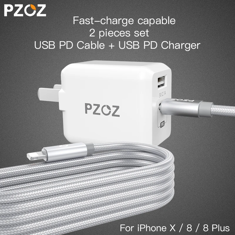 PZOZ PD USB 29W Fast Charger adapter For Apple iphone X 8 Plus Type c usb-c Lightning Charge cable Fast charging Dual usb c 3.1