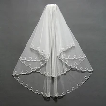Реальное изображение романтическая белая Слоновая Кость бисер Край свадебная вуаль двухслойная на свадьбу, из тюля вуали с гребешком
