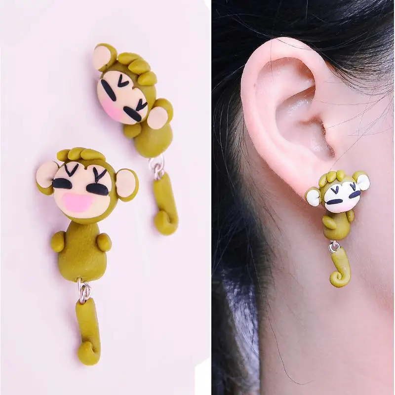 2015 New Handmade Polymer Clay Cute Monkey Lovely Animal Stud Earrings
