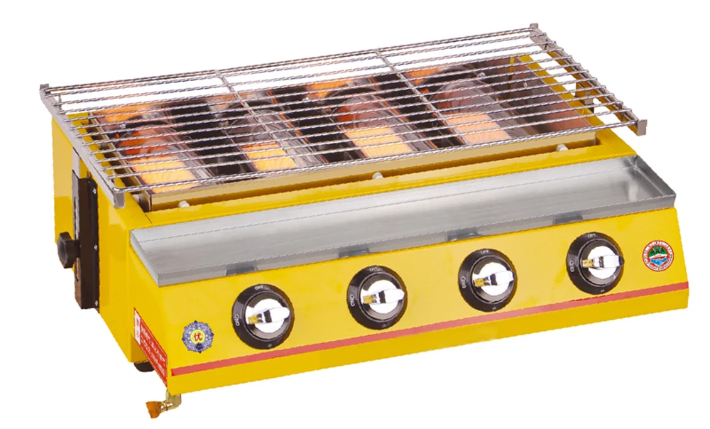 GZZT BBQ Grill LPG Gas 2/4 Burners Yellow Glass Shield Adjustable Barbecue Portatif Barbecue Grill for Outdoor Preferential