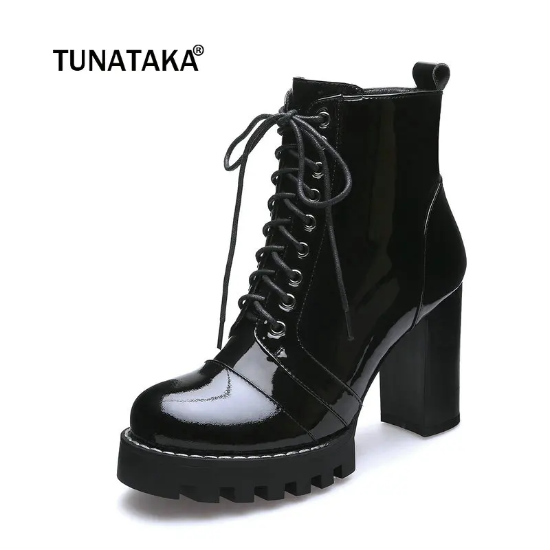 

Women Genuine Leather Lace Up Thick High Heel Martin Boots Fashion Round Toe Zipper Fall Winter Bootie Black
