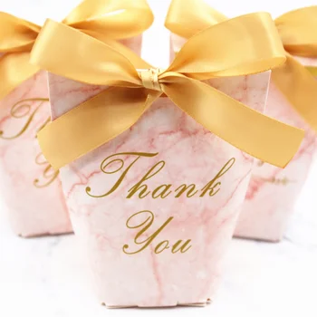 

50 X Wedding Favors Marble Style Candy Boxes Bomboniera Party Gift Box Chocolate Box Candy Bags Sachet With Pink / Gold Ribbons