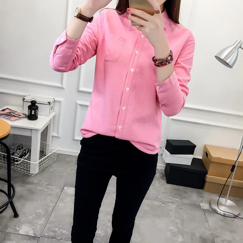 2018 New Winter Velvet Thick Warm Blouses Women Oxford Shirts Female Cotton Solid Colors Blouse Feminine Shirts Long Sleeve Tops