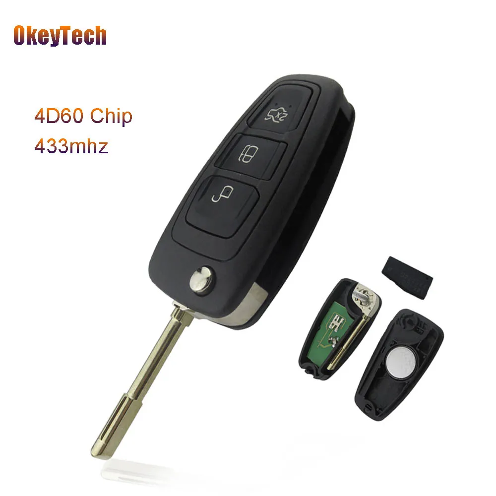 

OkeyTech 433MHz 4D60 Chip 3 Buttons Flip Folding Remote Control Key for Ford Mondeo Focus Fiesta Mk1 Transit Connect F021 Blade