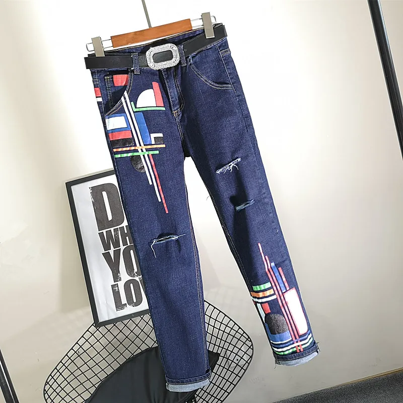 Большие размеры 4XL 2019 Весна новые модные джинсы для женщин Высокая талия патч bf стиль узкие джинсы