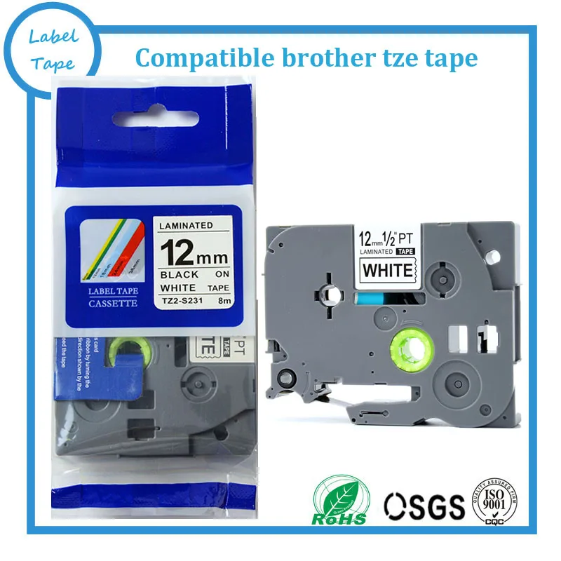아주 강한 혼합 접착 tze 테이프 12mm 흰색 바탕에 검은 색 tze s231 TZs231 brother 라벨 기계용 호환 TZe 라벨 테이프