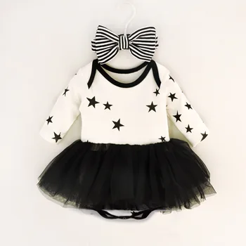 

Newborn Baby Dress Infant Girls Mesh Tutu Dresses Pentagram Jumpsuit & Stripe Bow Headband Girl Clothes Set