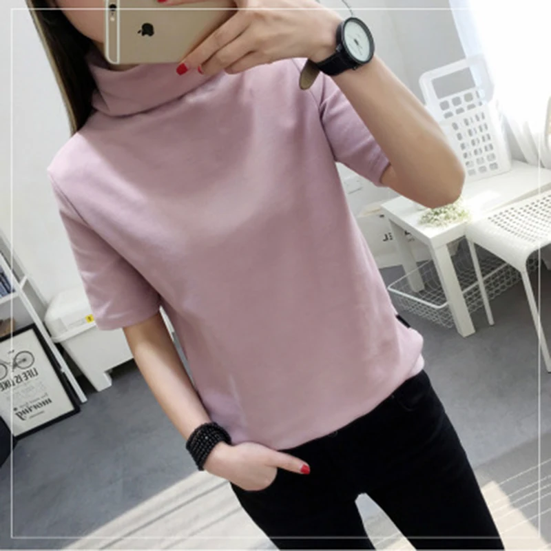 womens top Gauze Short sleeve Turleneck t shirt all match tee black gray white t shirt women bts Tops