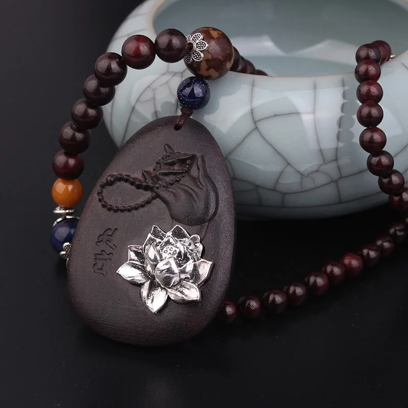 

New original Oval carved vintage necklace, fashion Tivetan silver flowers ethnic necklace, Black Rosewood oval pendants necklace