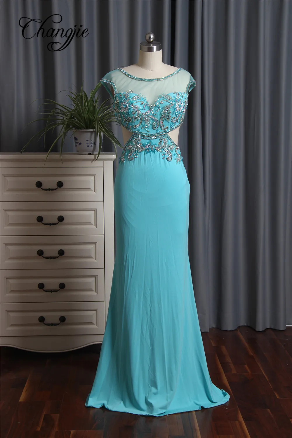Long Evening Dresses For Party Women Elegant Sheer Scoop Neck Cap