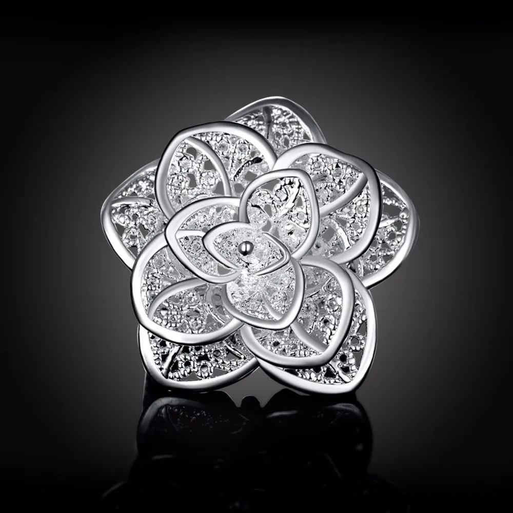 Серебряные кольца 925 Открытое кольцо с 3D цветком розы ПЕРФОРИРОВАННОЕ