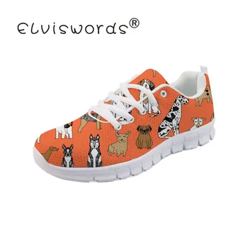 

ELVISWORDS Cute Bulldog Terrier Design Women's Shoes Non-Slip Flat Female Portable Flats Mesh Fashion Woman Lace-up Sneakers