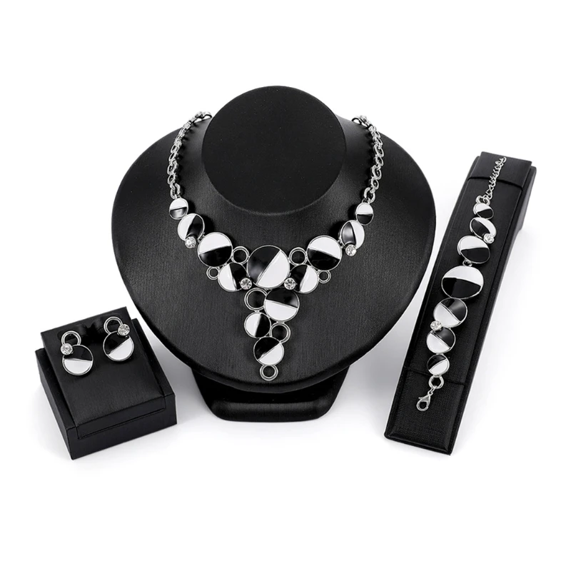 1 Set Black&White Pendant Necklace Earrings Bracelet Bride Wedding