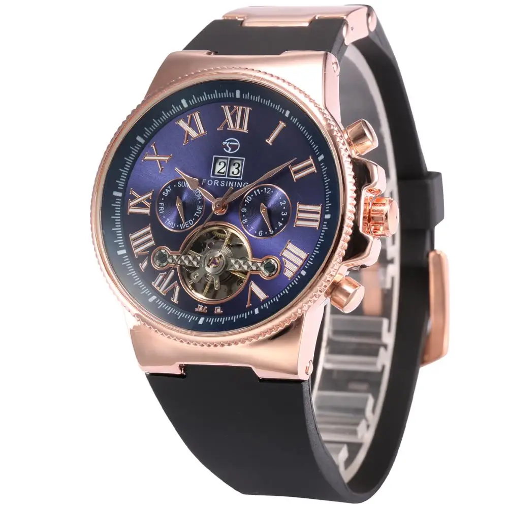 FORSINING Men Sports Watches Rubber Band Auto Date Day Tourbillon Skeleton Male Clock Automatic Mechanical Zegarek Sportowy