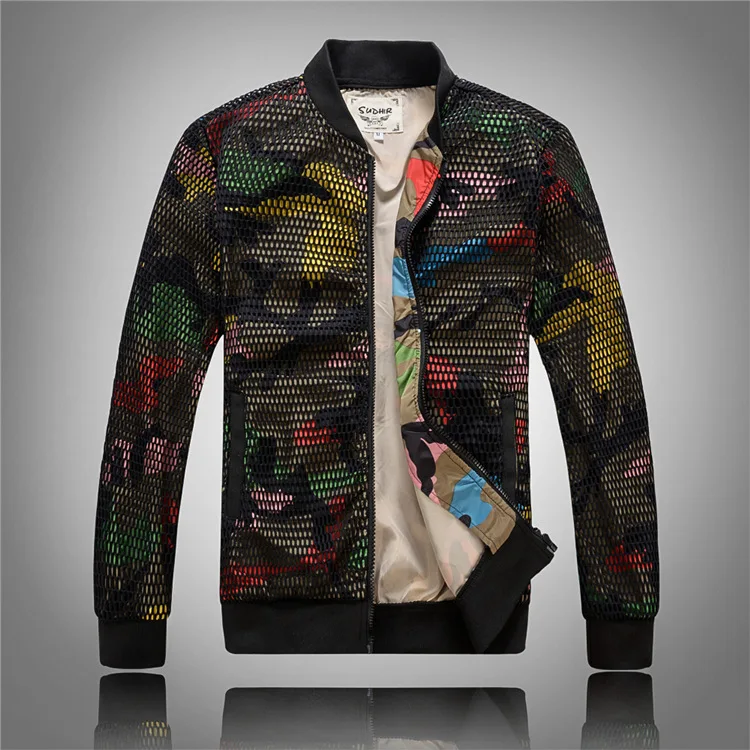 

2019 Fashion Mens Camouflage Bomber Jacket Hollow Out Desige Slim Fit Camo Windbreaker Baseball Jacket And Coat For Men