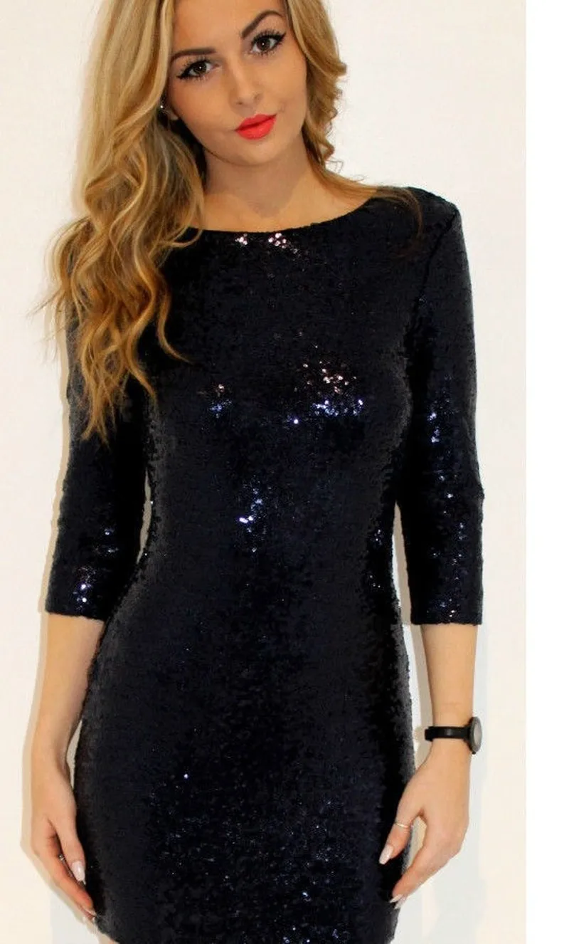 

Sexy Women Sequin Dress O Neck Sleeve Paillette Dress Plunge Back Party Evening Mini Dress Vestido