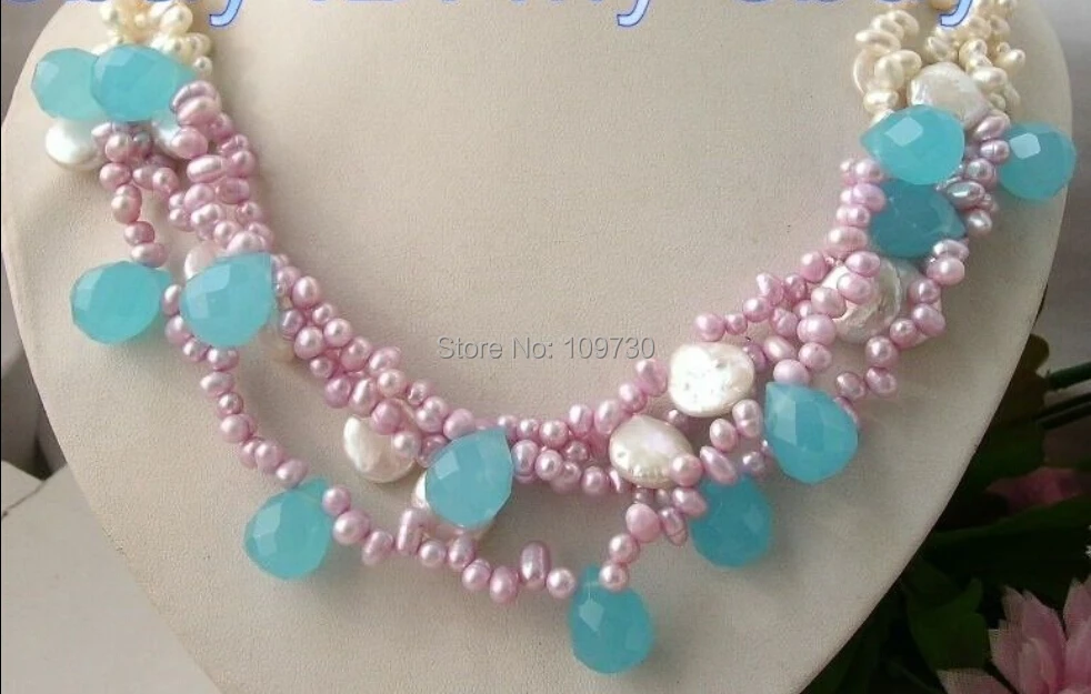 

Jewelry 002860 White Lavender Pearl Blue Drip Faceted Crystal Necklace