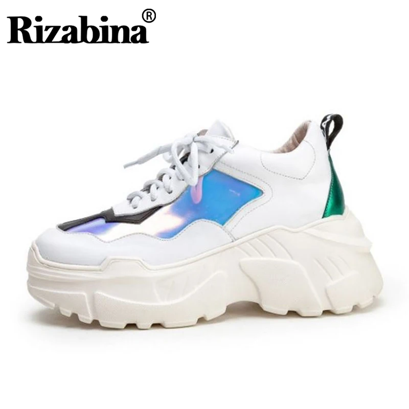 

RIZABINA Thick Bottom Sneakers Women Genuine Leather Colorful Casual Shoes Platform Lace Up Vulcanized Shoes Women Size 34-39