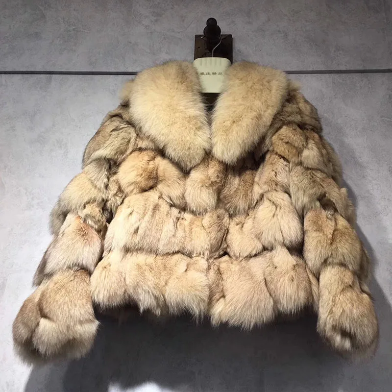 Beige Женская куртка из натурального Лисьего меха, большой меховой воротник, пальто из натурального меха, верхняя одежда из натурального меха, пальто из натурального меха, rf0046b - Цвет: Beige