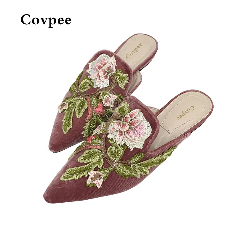 

ladies sandals slippers fur slippers women pumps Female summer embroidery slippers outside wear pointed embroidered flat mule