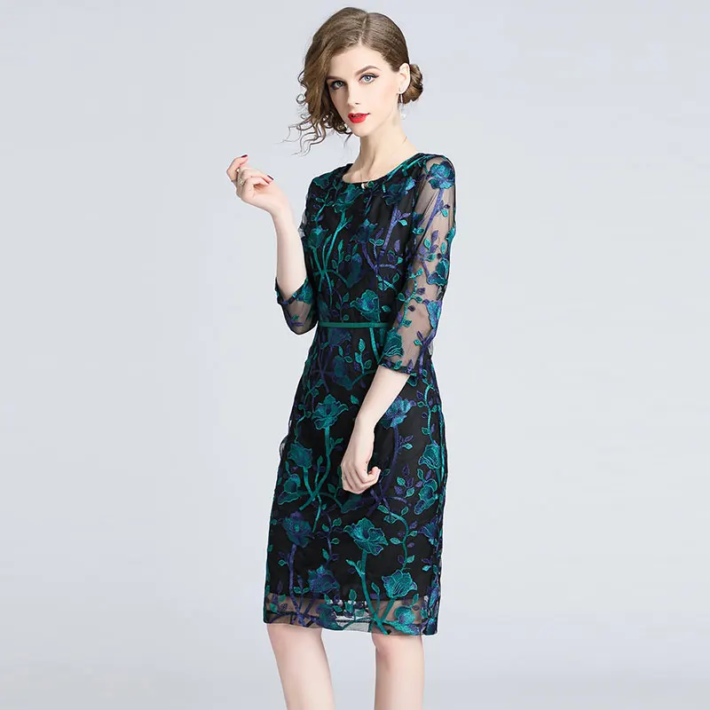 Borisovich Office Lady Pencil Dress New Brand 2018 Autumn Fashion Floral Mesh Embroidery Elegant Slim Women Party Dresses N039