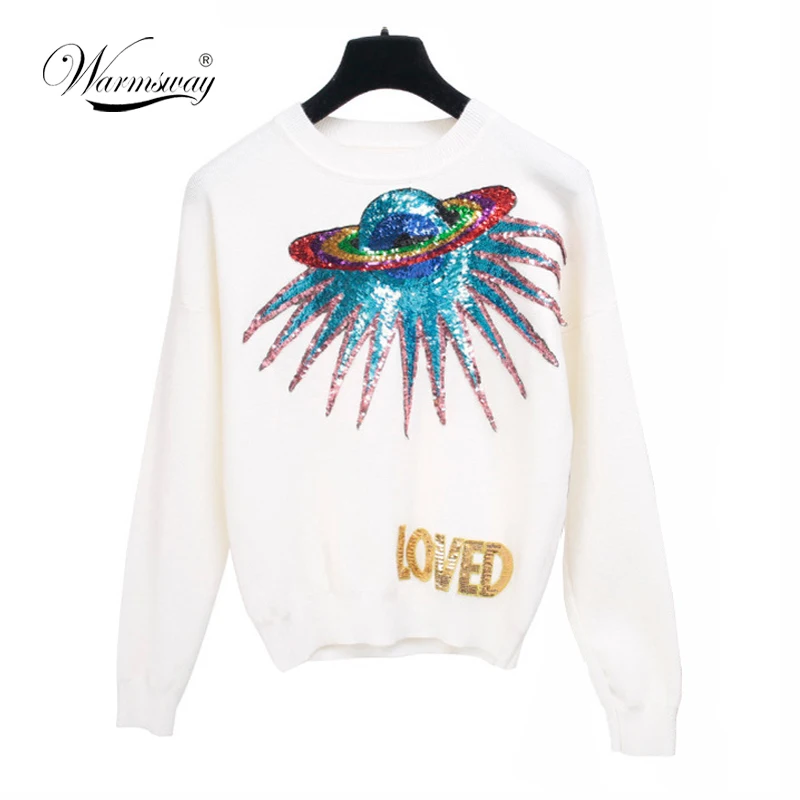 Warmsway Autumn UFO planet sequins letters knit pullovers female  sweater jumper   Long Sleeve Loved letter Sweater  C-010