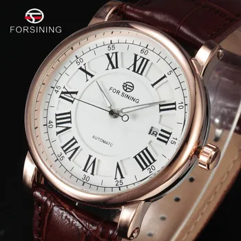 

FORSINING Luxury Men Automatic Watches Rome Auto Date Gold Case Business Mechanical Watch Brown Leather Mens Dress Clock Gift