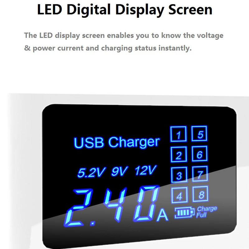 QC 3.0 Smart USB Charger LED Display Multi Port Fast Charge Phone Tablet PC Desktop Socket Strip Power Adapter 8 Ports
