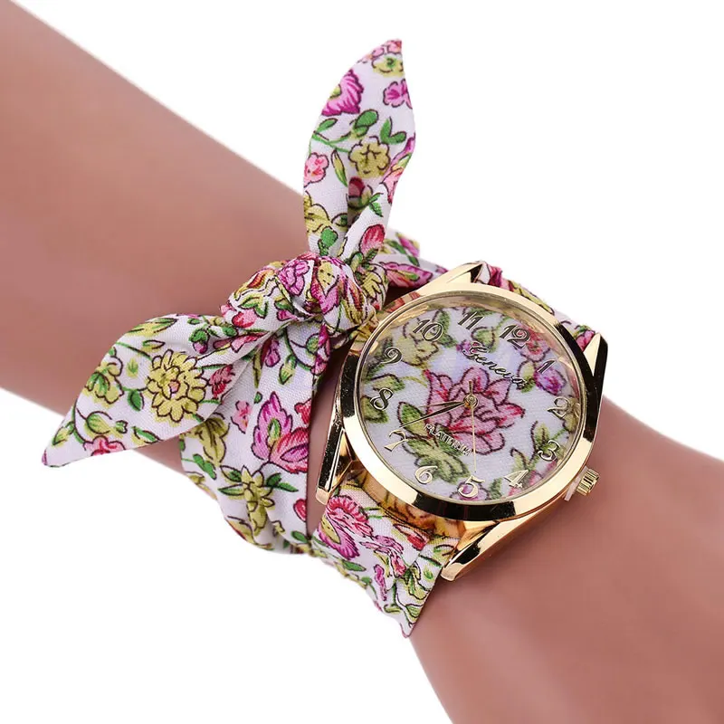 Женские часы цветок ткань Цветочный браслет платье браслет кварцевые наручные часы - Цвет: white