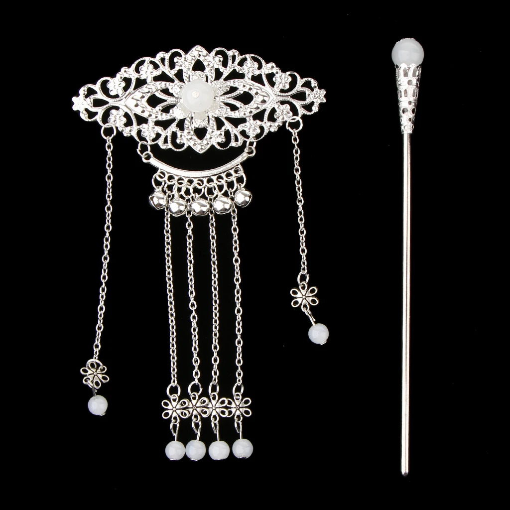 Womens Retro Traditional Chinese Wedding Floral Tassels Bells Hair Stick Chignon Chopsticks Headwear Jewelry