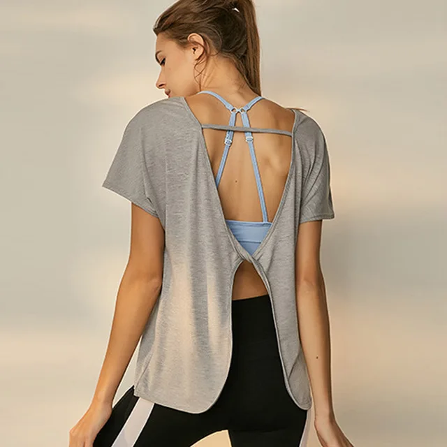 Open back yoga top for women modal twist back yoga shirts short sleeve
