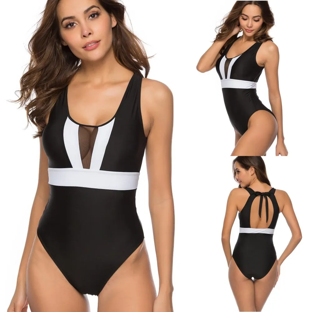 

Black White Patchwork Mesh Sleeveless One-Piece Swimwear Women Swimming Suit Lace-up Backless Seaside Sport Swimsuit Body Suits
