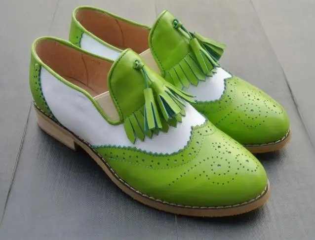 В английском стиле, с бахромой, пункт для влюбленных в винтажном стиле горячая Распродажа ручной работы; туфли на плоской подошве из натуральной кожи для женщин женские туфли-оксфорды - Цвет: Green  white