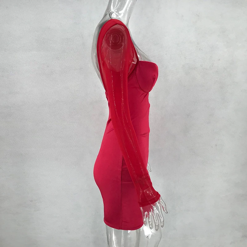 Женское сексуальное сатиновое мини-платье NewAsia с вырезами, длинные сетчатые рукава, изогнутая чашка, бюст, открытая спина, облегающее платье, красное летнее праздничное платье