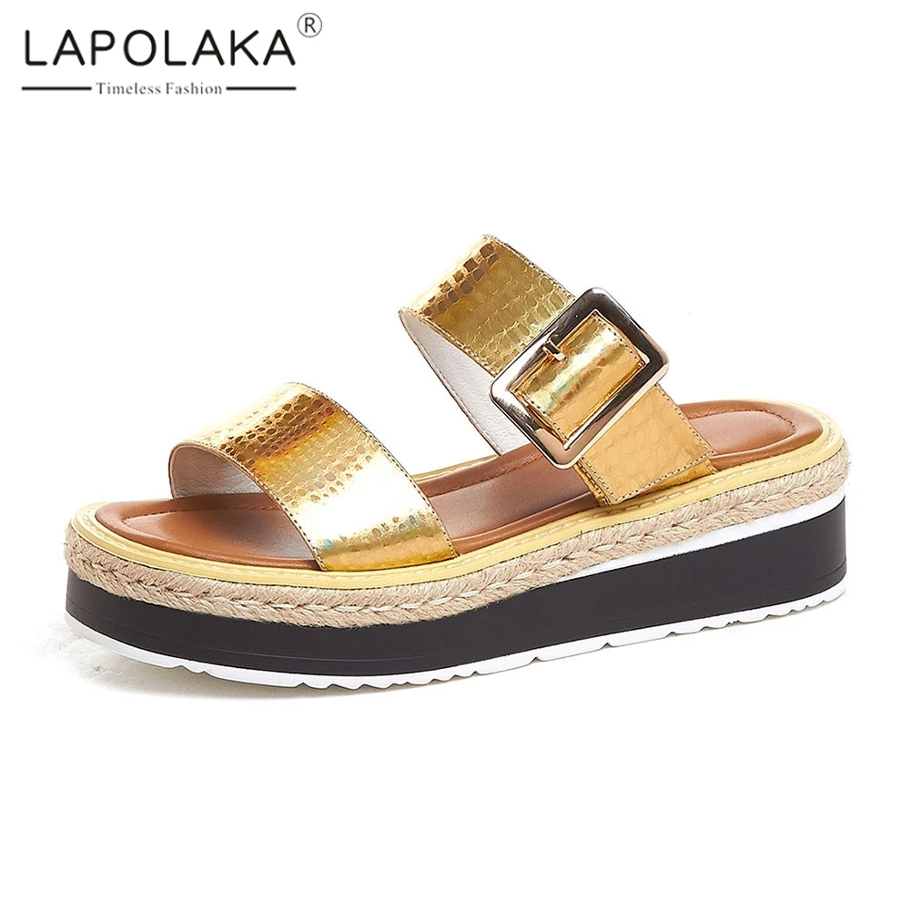

Lapolaka Brand New women's Genuine Leather Ladies Wedges Med Heels Platform Shoes Woman Casual Summer Slippers Female Shoes