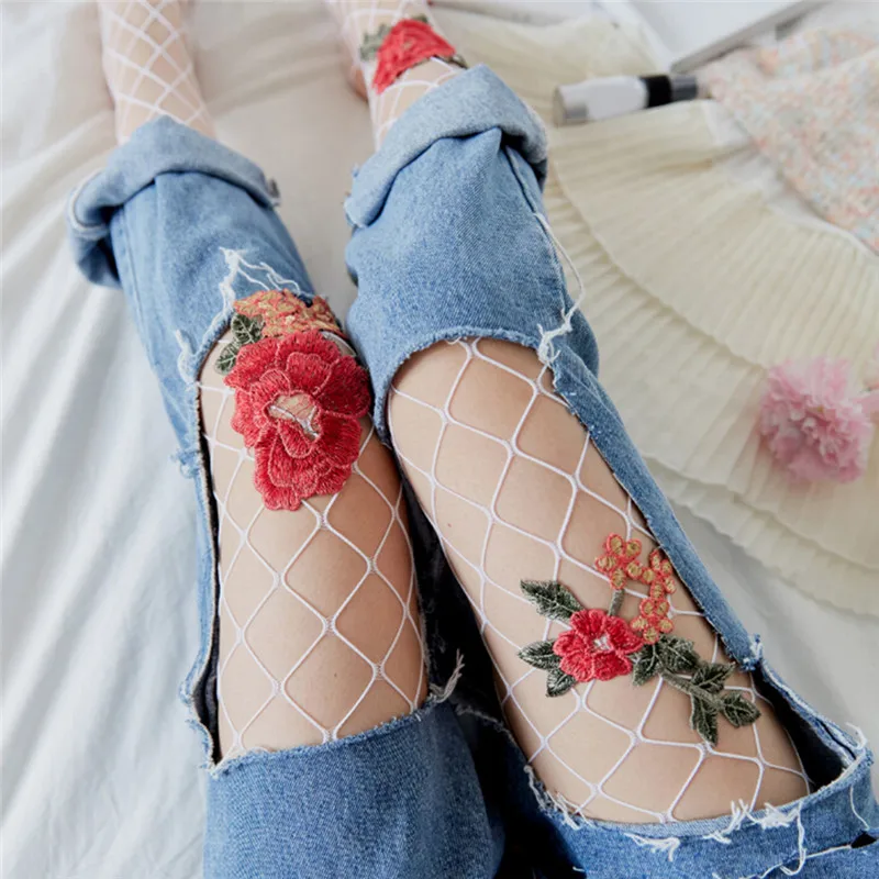Women High Waist Tights Embroidery Flowers Pantyhose Stockings