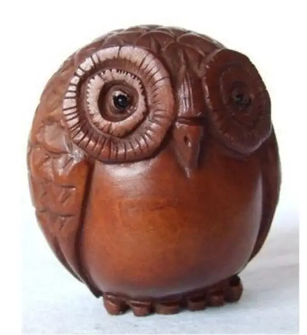 Refined Wooden Boxwood Netsuke cute owl figurine