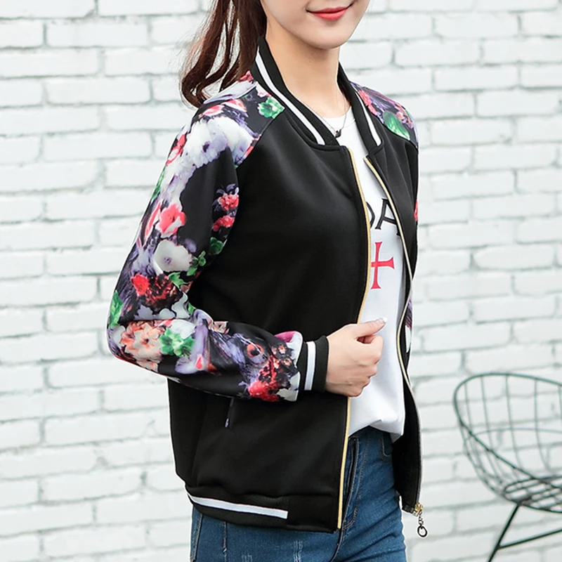 discounted  Flower Print Women Plus Size Jacket Striped Tops Girl Casual Baseball Button Thin Bomber Long Sleev