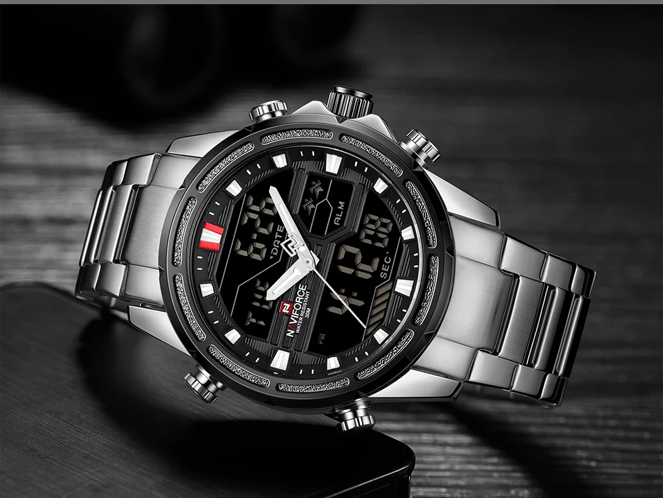 NAVIFORCE наручные мужские спортивные часы, мужские Кварцевые светодиодный цифровые часы, мужские полностью стальные водонепроницаемые наручные часы Relogio Masculino