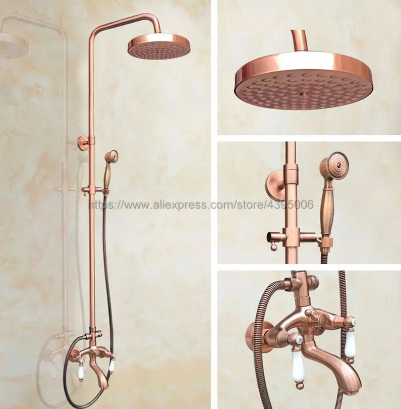 

Antique Red Copper Wall Mounted Rain Shower Faucet Set Tub Mixer Tap Dual Handles Hand Shower Brg562