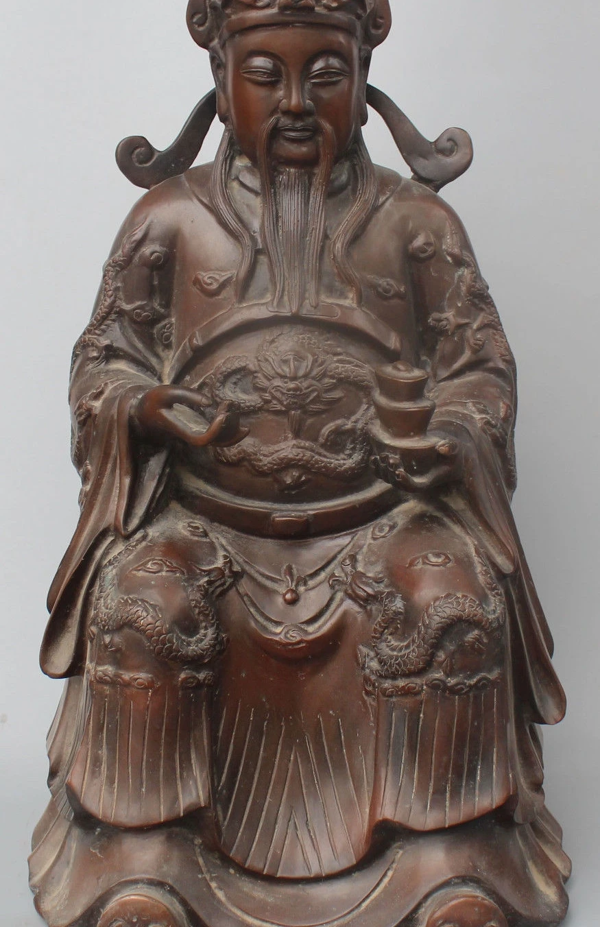 

20" Chinese Purple Bronze Wealth Mammon God Hold Yuanbao Dragon Buddha Statue