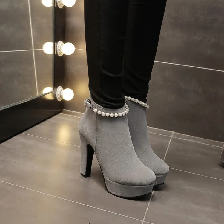 

Big Size 11 12 13 Ma'am Coarse heel Short boots Pearl decoration Fashion boot barrel High heel boots