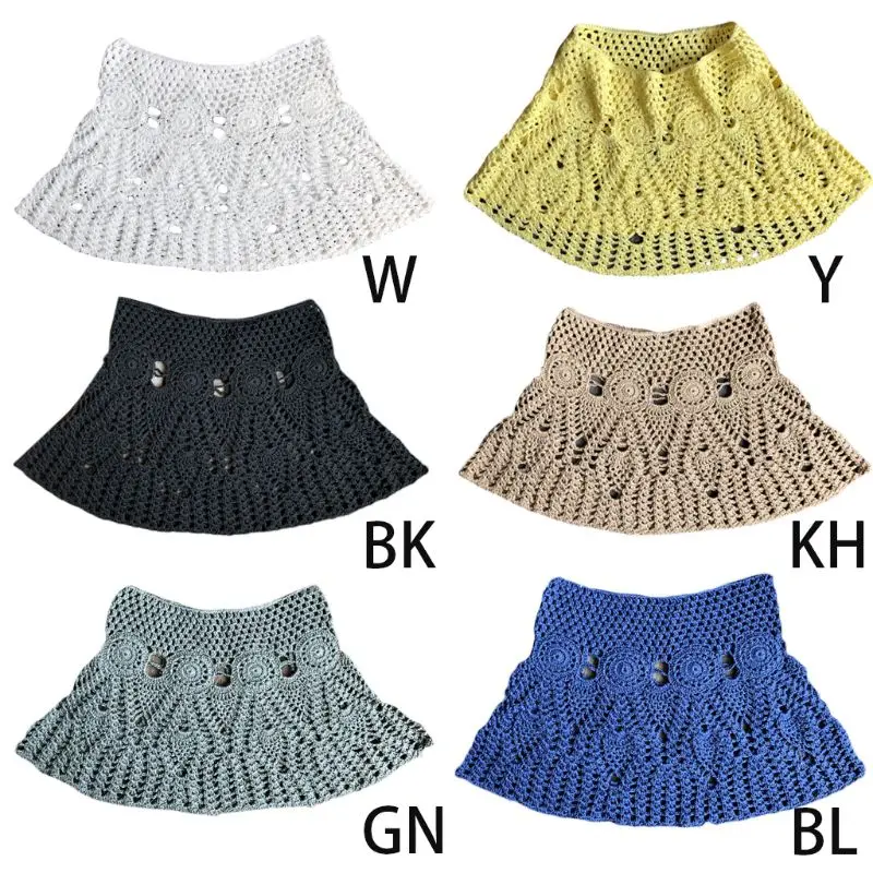 

Handmade Lace Crochet Bikini Bottoms Skirt Hollow Out Knitted Swimsuit Cover Up Ethnic Pattern Mini A-Line Swim Dress 6 Colors