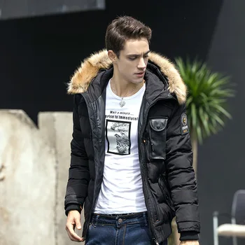 

2017 Brand Winter Jacket Men's Leather Patch New Casual Slim Cotton Thick Mens Coat Parkas With Hooded Warm Casaco Masculino