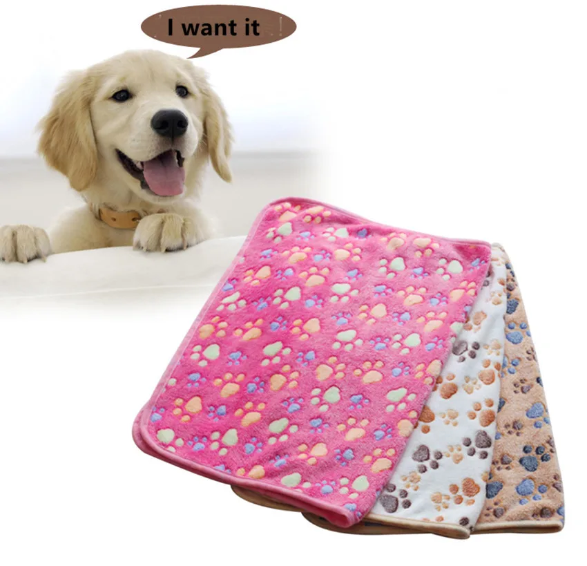 Cute Floral Pet Warm Paw Print Dog Puppy Fleece Soft Blanket Beds Mat
