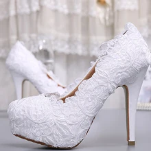 Fashion White Lace High Heel Wedding Bridal Shoes Bridesmaid Dress Shoes Elegant Party Embellished Prom Shoes Lady Dancing Shoes