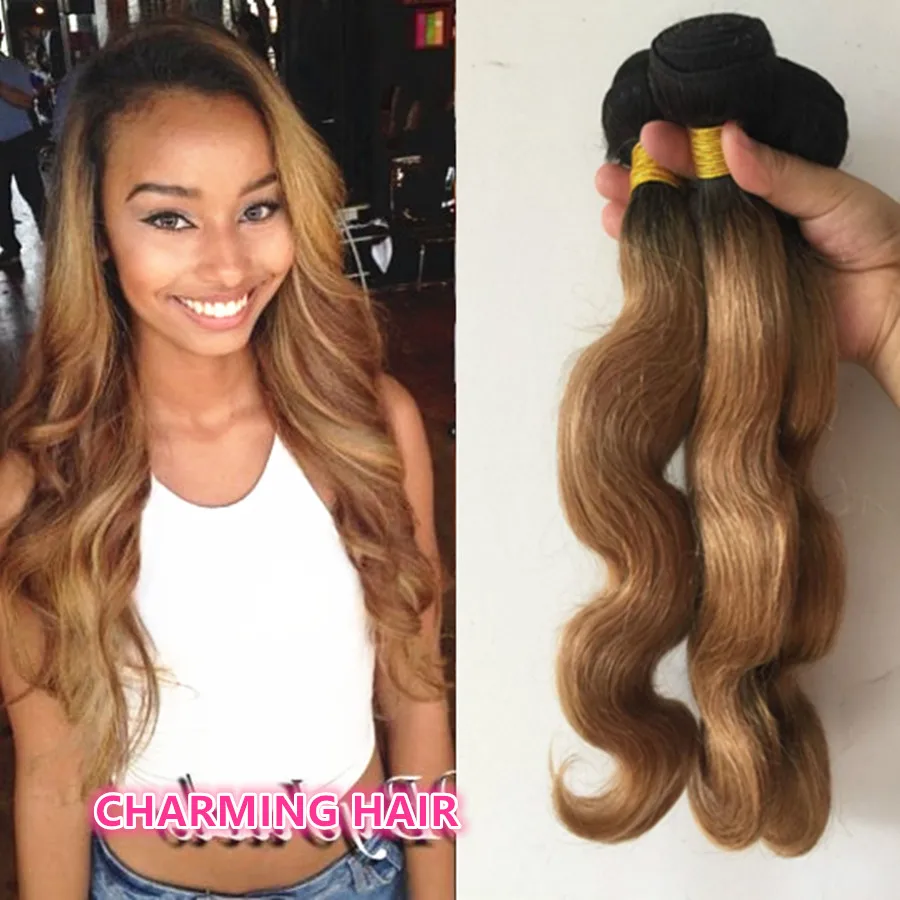 100 7a Honey Blonde Ombre Dark Roots Brazilian Virgin Hair Body